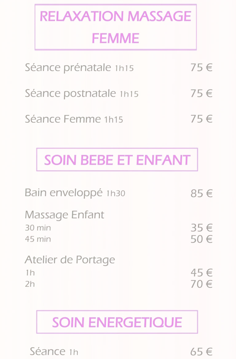 Voici ma page dédiée à mes prestations bien-être, spécialement conçues pour accompagner les femmes et les enfants.