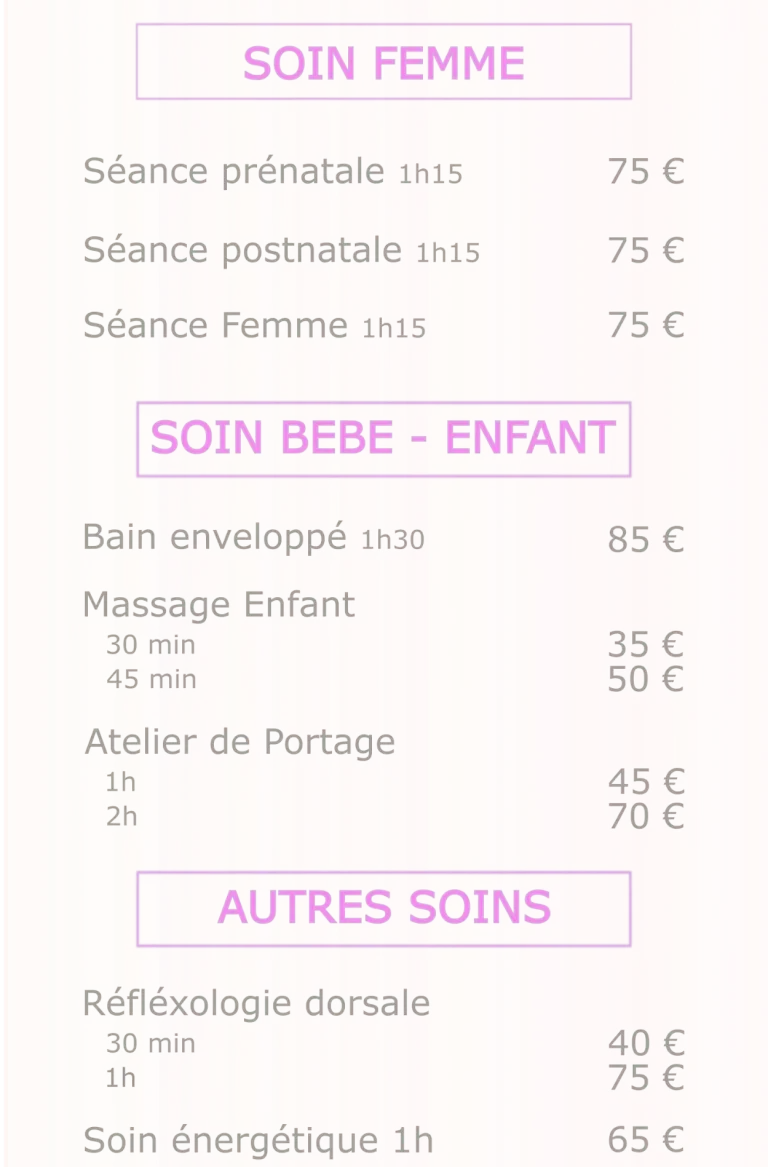Voici ma page dédiée à mes prestations bien-être, spécialement conçues pour accompagner les femmes et les enfants.