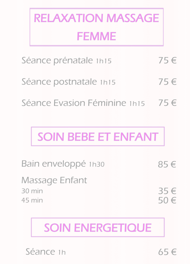 Voici ma page dédiée à mes prestations bien-être, spécialement conçues pour accompagner les femmes et les enfants.
