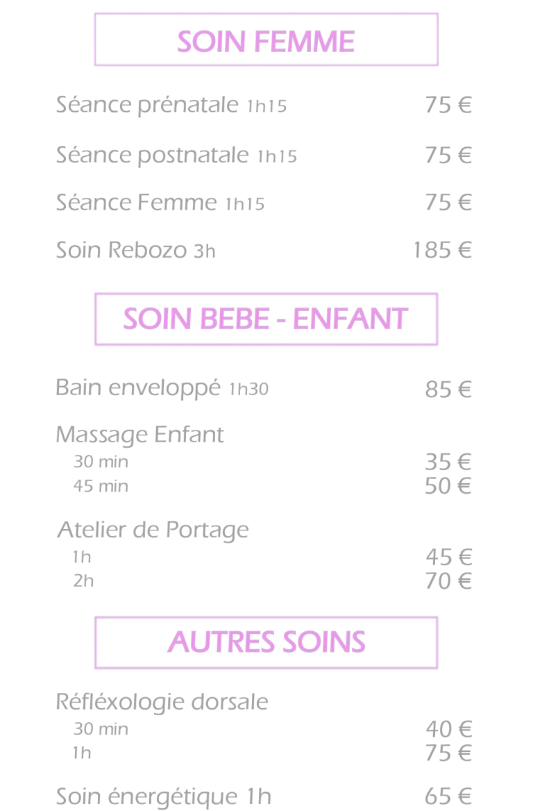 Voici ma page dédiée à mes prestations bien-être, spécialement conçues pour accompagner les femmes et les enfants.